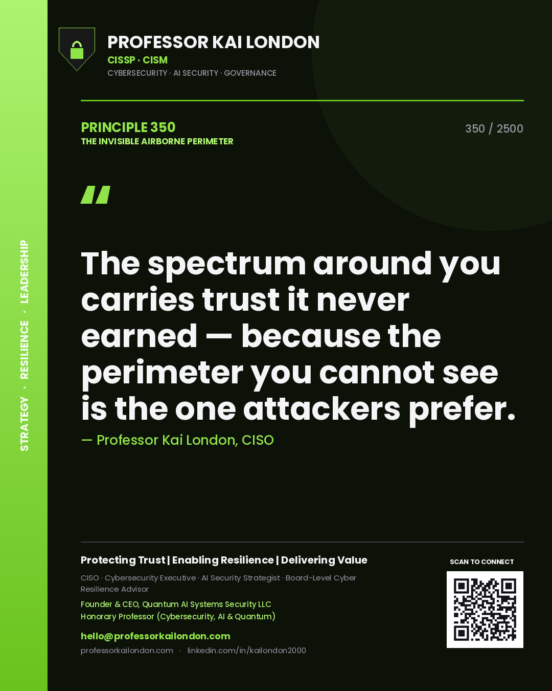 Professor Kai London principle 350: The spectrum around you carries trust it never earned — because the perimeter you cannot see is the one attackers prefer.