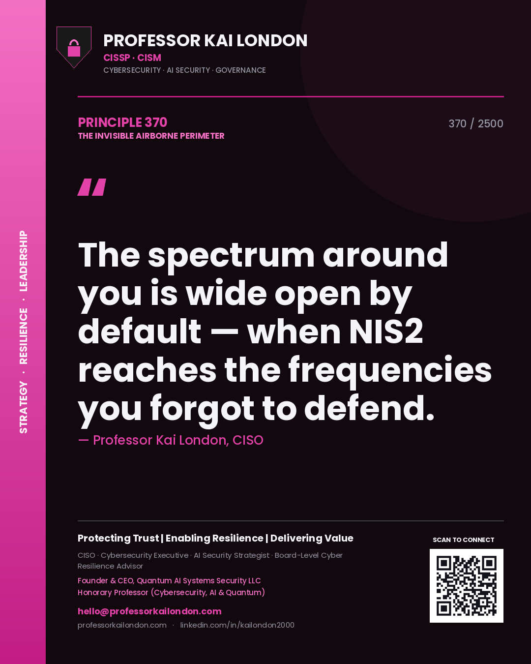Professor Kai London principle 370: The spectrum around you is wide open by default — when NIS2 reaches the frequencies you forgot to defend.