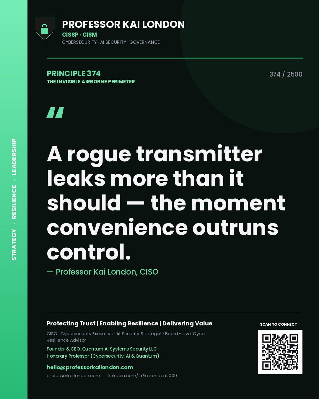Quote card by Professor Kai London reading 'A rogue transmitter leaks more than it should — the moment convenience outruns control.'. From the book The Invisible Airborne Perimeter.
