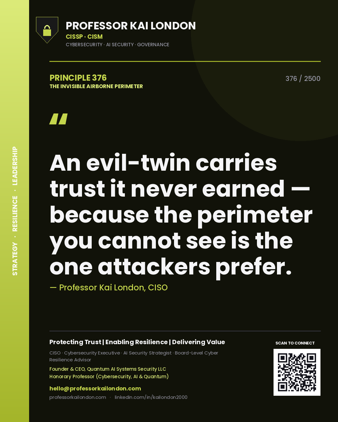 Quote card by Professor Kai London reading 'An evil-twin carries trust it never earned — because the perimeter you cannot see is the one attackers prefer.'. From the book The Invisible Airborne Perimeter.