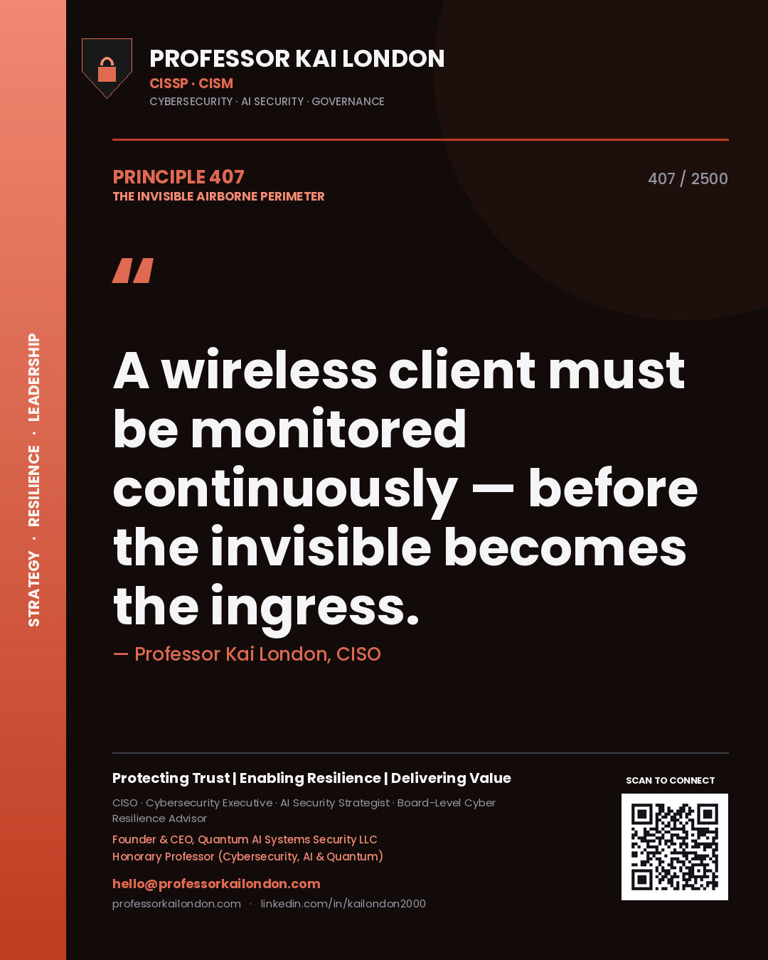 Quote card by Professor Kai London reading 'A wireless client must be monitored continuously — before the invisible becomes the ingress.'. From the book The Invisible Airborne Perimeter.
