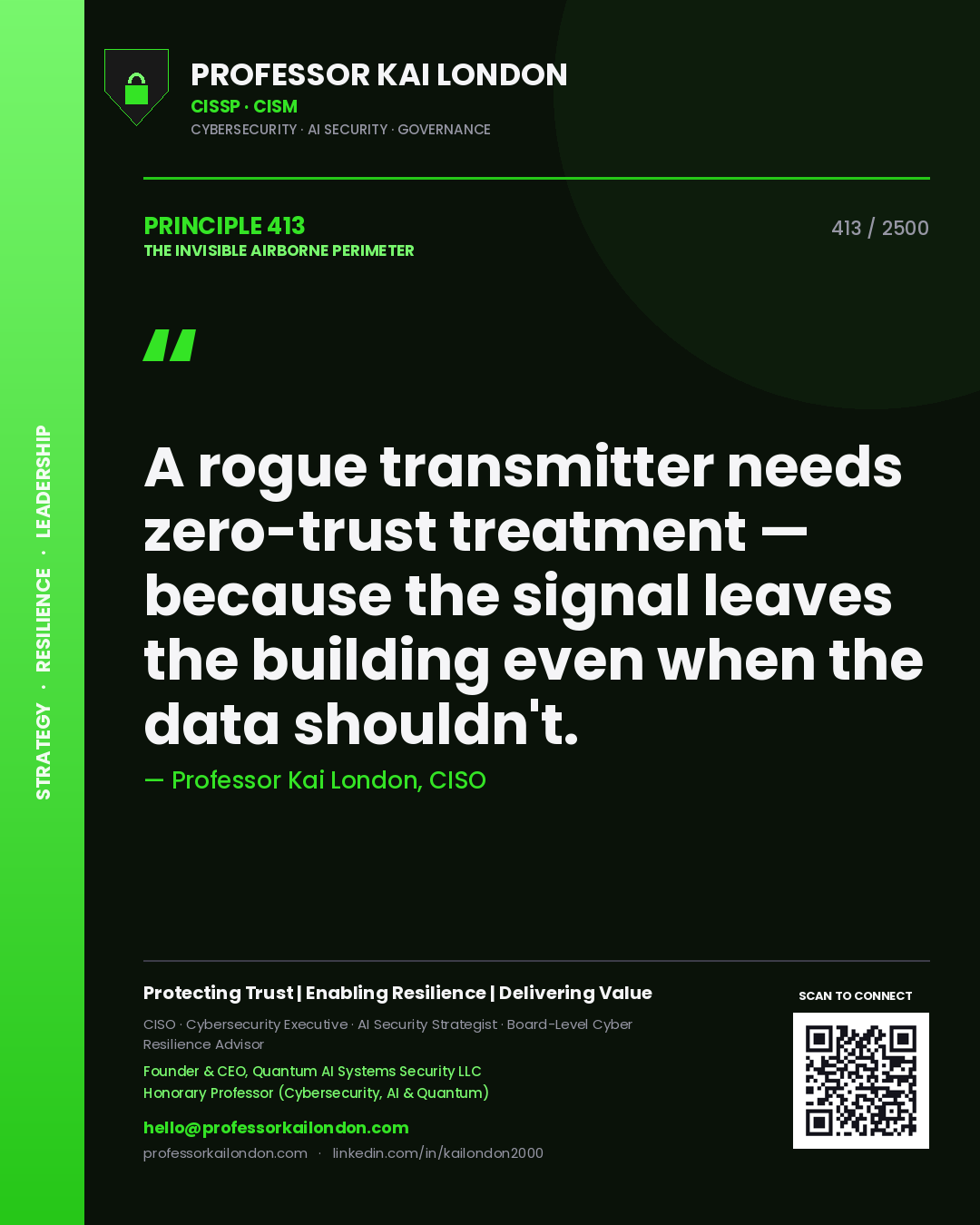 Professor Kai London principle 413: A rogue transmitter needs zero-trust treatment — because the signal leaves the building even when the data shouldn't.
