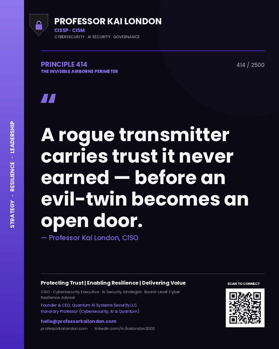 Professor Kai London principle 414: A rogue transmitter carries trust it never earned — before an evil-twin becomes an open door.