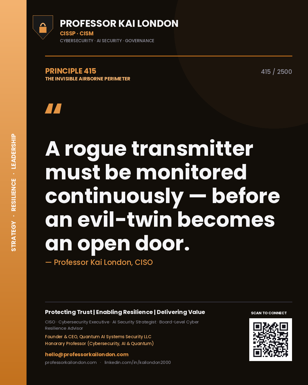 Professor Kai London principle 415: A rogue transmitter must be monitored continuously — before an evil-twin becomes an open door.