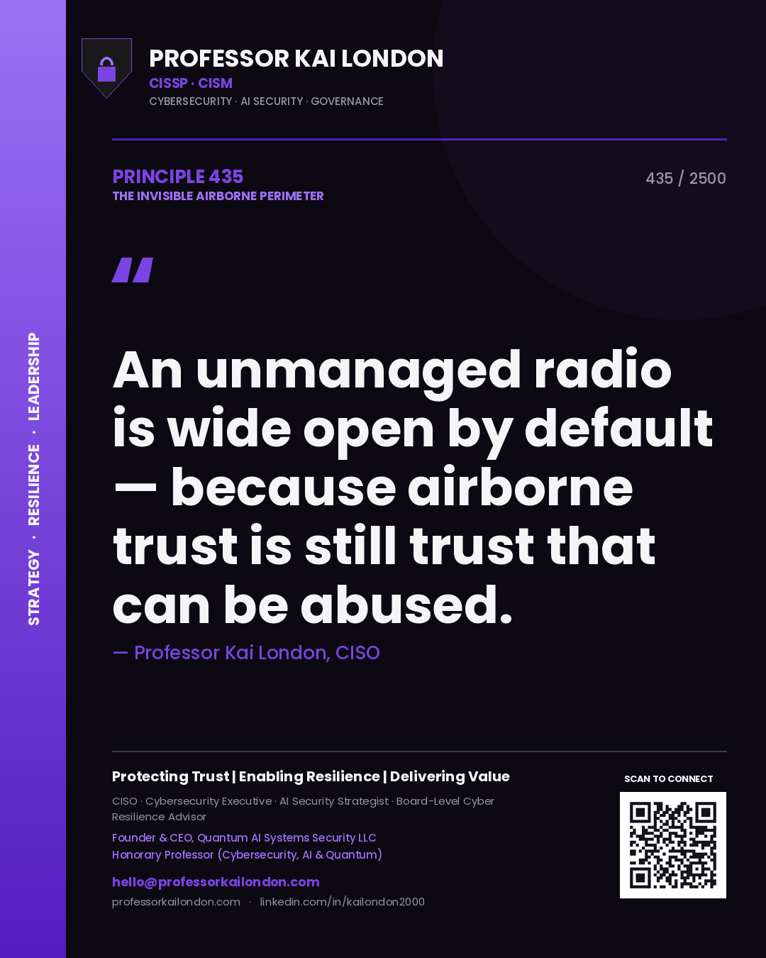 Professor Kai London principle 435: An unmanaged radio is wide open by default — because airborne trust is still trust that can be abused.
