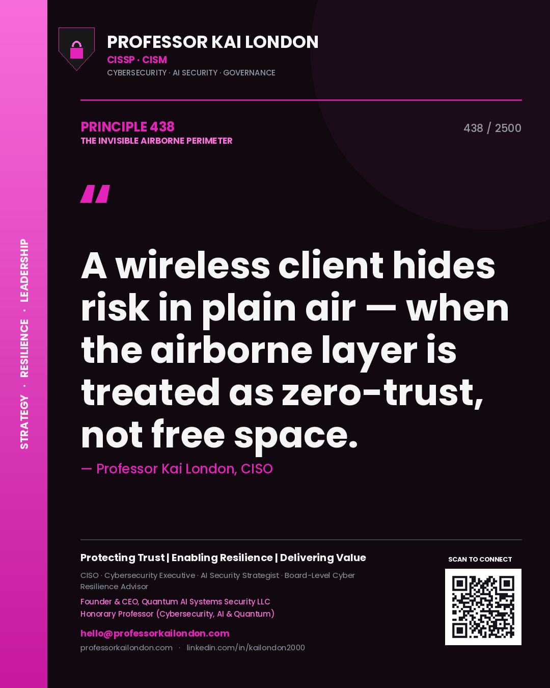 Quote card by Professor Kai London reading 'A wireless client hides risk in plain air — when the airborne layer is treated as zero-trust, not free space.'. From the book The Invisible Airborne Perimeter.