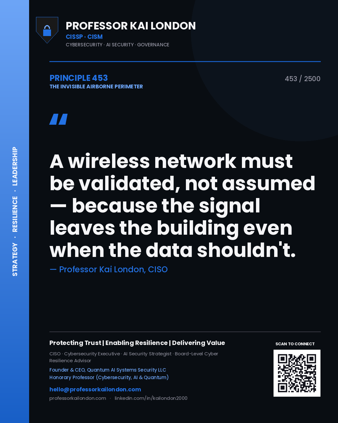 Professor Kai London principle 453: A wireless network must be validated, not assumed — because the signal leaves the building even when the data shouldn't.
