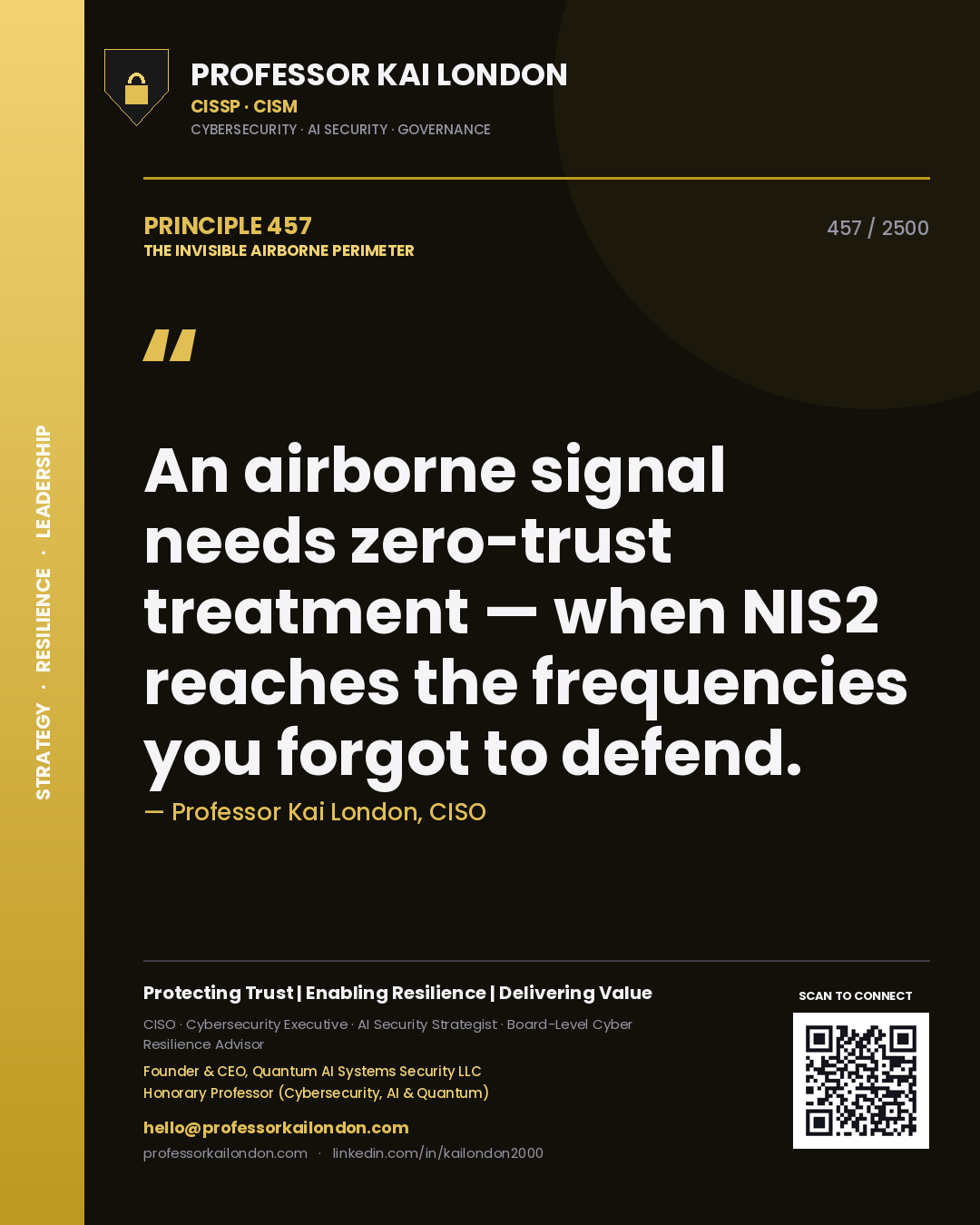 Quote card by Professor Kai London reading 'An airborne signal needs zero-trust treatment — when NIS2 reaches the frequencies you forgot to defend.'. From the book The Invisible Airborne Perimeter.