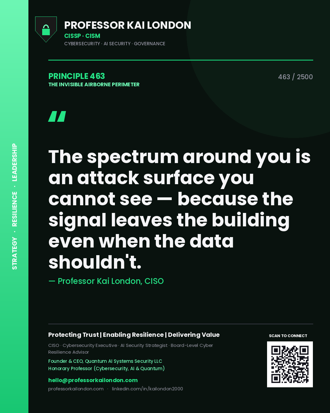 Professor Kai London principle 463: The spectrum around you is an attack surface you cannot see — because the signal leaves the building even when the data shouldn't.