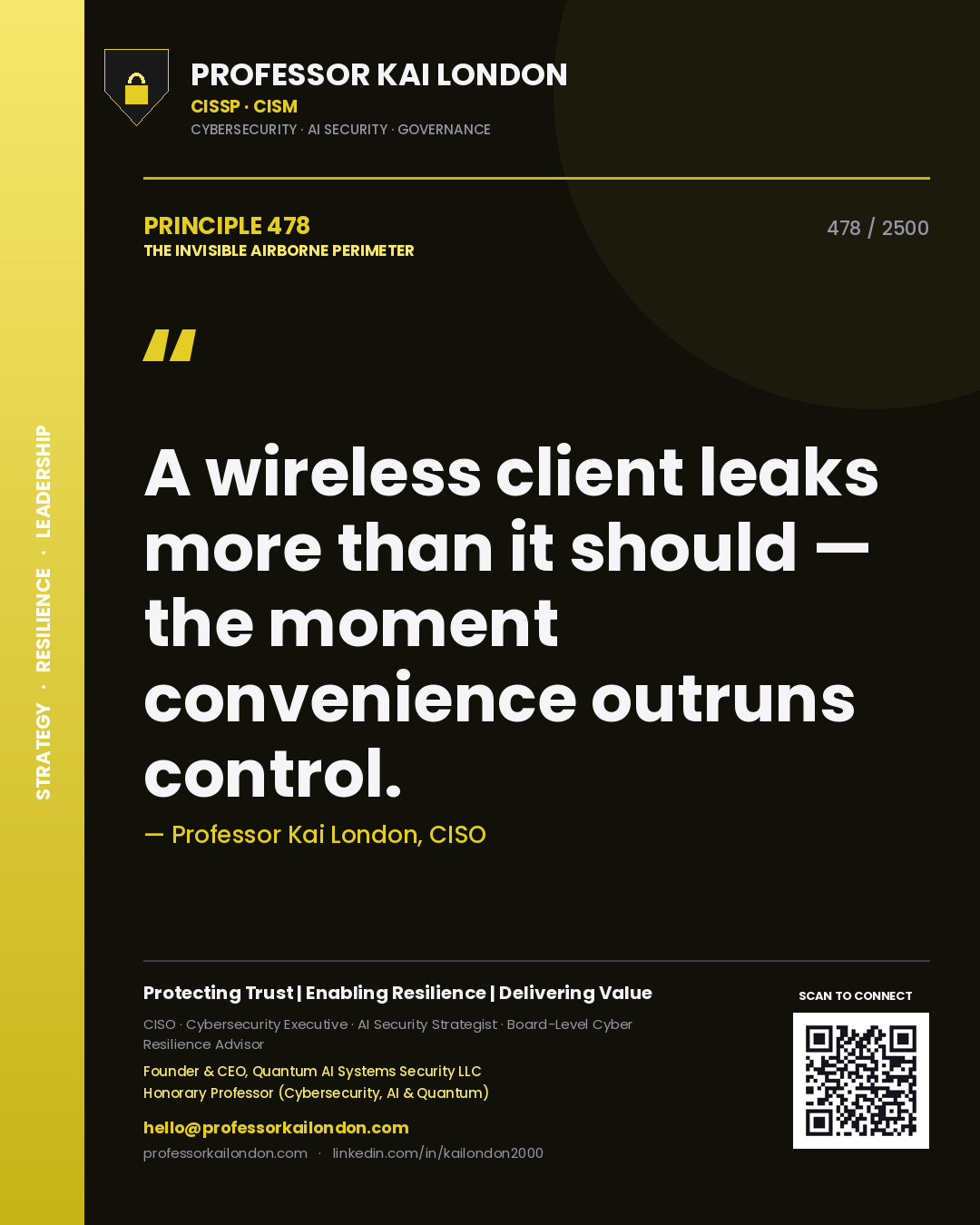 Quote card by Professor Kai London reading 'A wireless client leaks more than it should — the moment convenience outruns control.'. From the book The Invisible Airborne Perimeter.