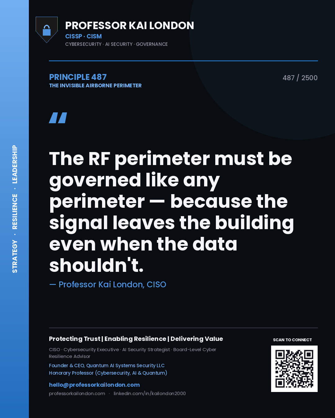 Professor Kai London principle 487: The RF perimeter must be governed like any perimeter — because the signal leaves the building even when the data shouldn't.