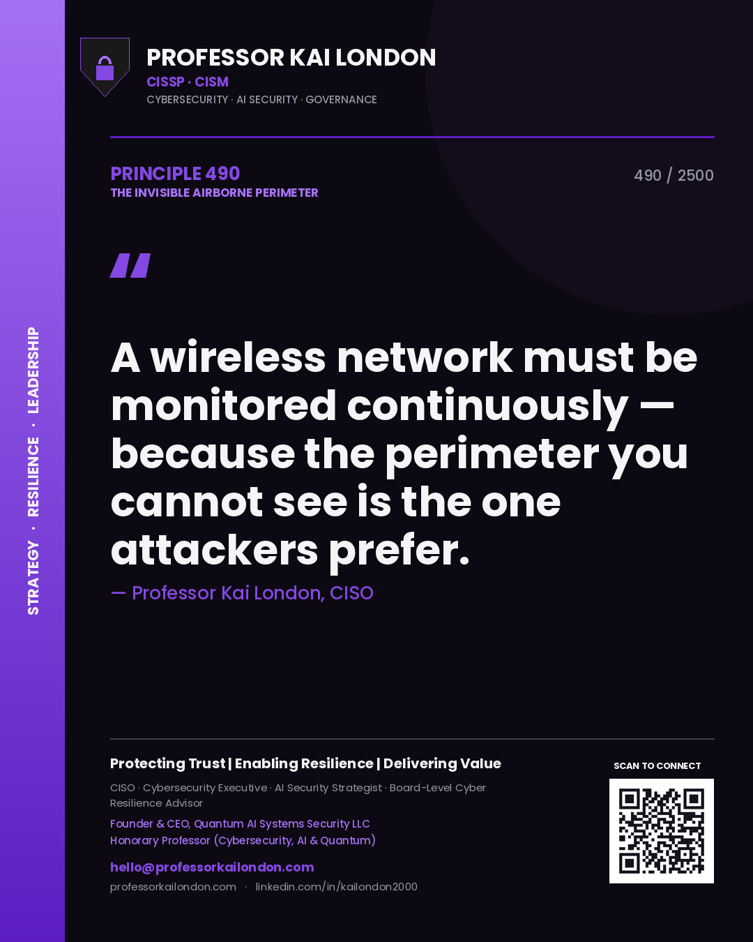 Professor Kai London principle 490: A wireless network must be monitored continuously — because the perimeter you cannot see is the one attackers prefer.
