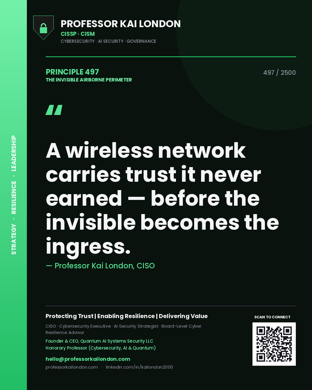 Quote card by Professor Kai London reading 'A wireless network carries trust it never earned — before the invisible becomes the ingress.'. From the book The Invisible Airborne Perimeter.
