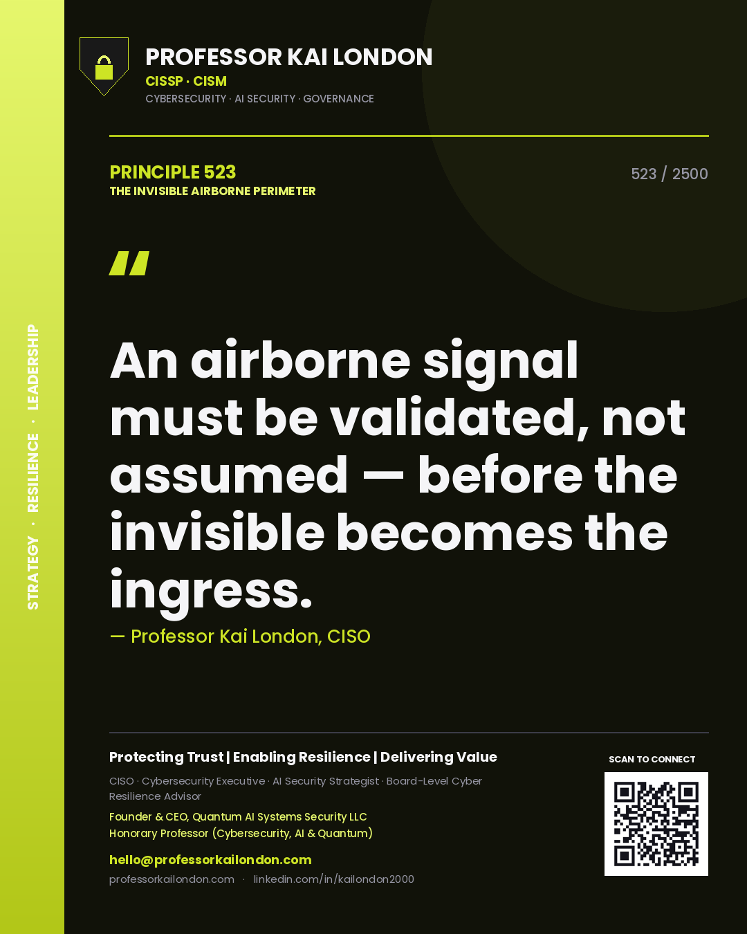 Quote card by Professor Kai London reading 'An airborne signal must be validated, not assumed — before the invisible becomes the ingress.'. From the book The Invisible Airborne Perimeter.