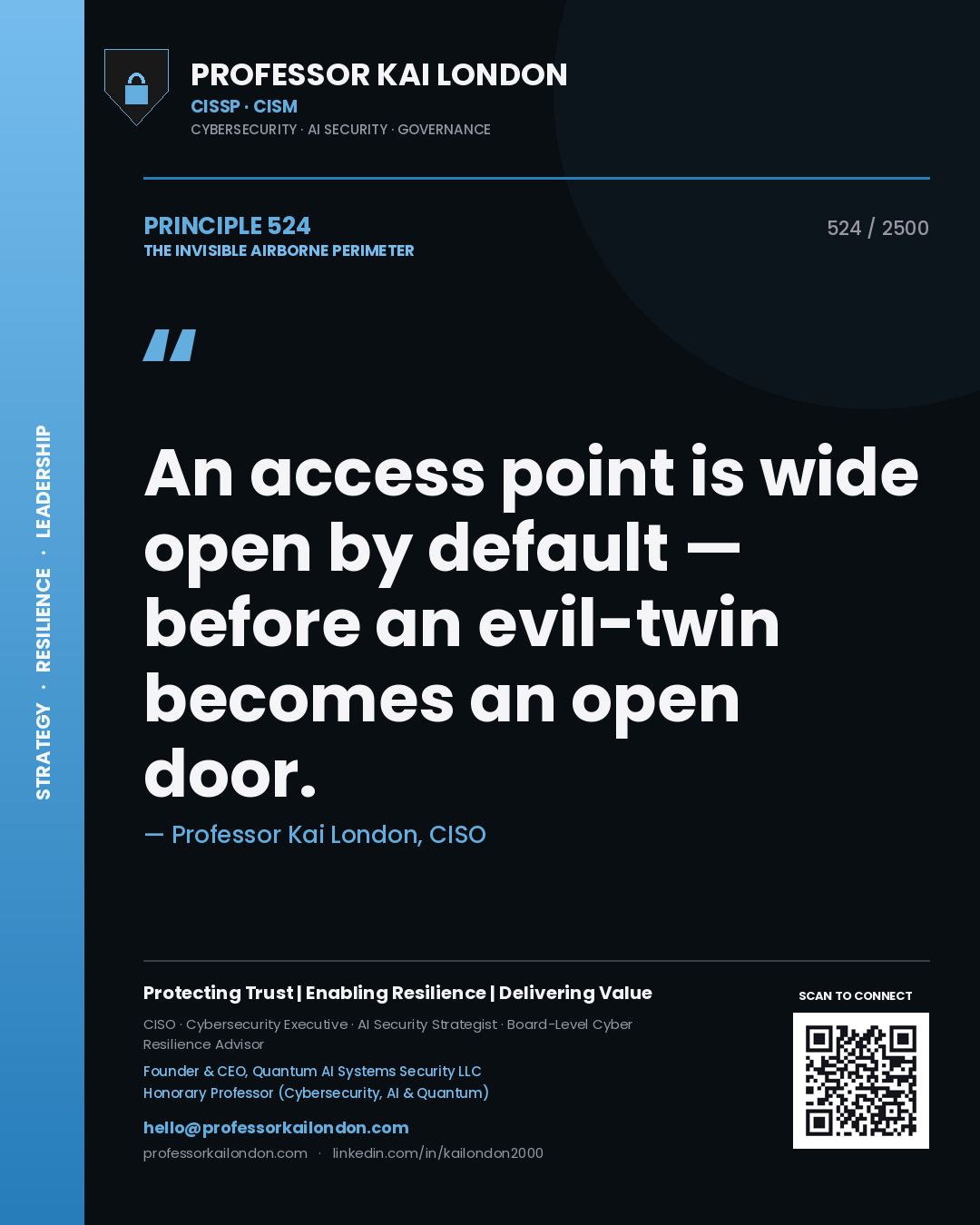 Professor Kai London principle 524: An access point is wide open by default — before an evil-twin becomes an open door.