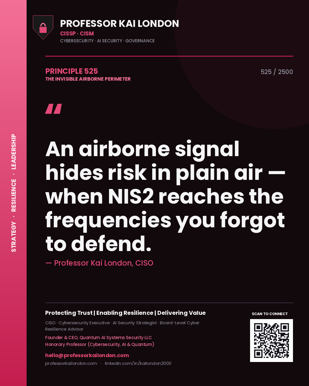 Professor Kai London principle 525: An airborne signal hides risk in plain air — when NIS2 reaches the frequencies you forgot to defend.