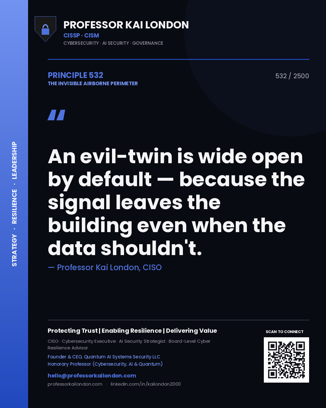 Professor Kai London principle 532: An evil-twin is wide open by default — because the signal leaves the building even when the data shouldn't.