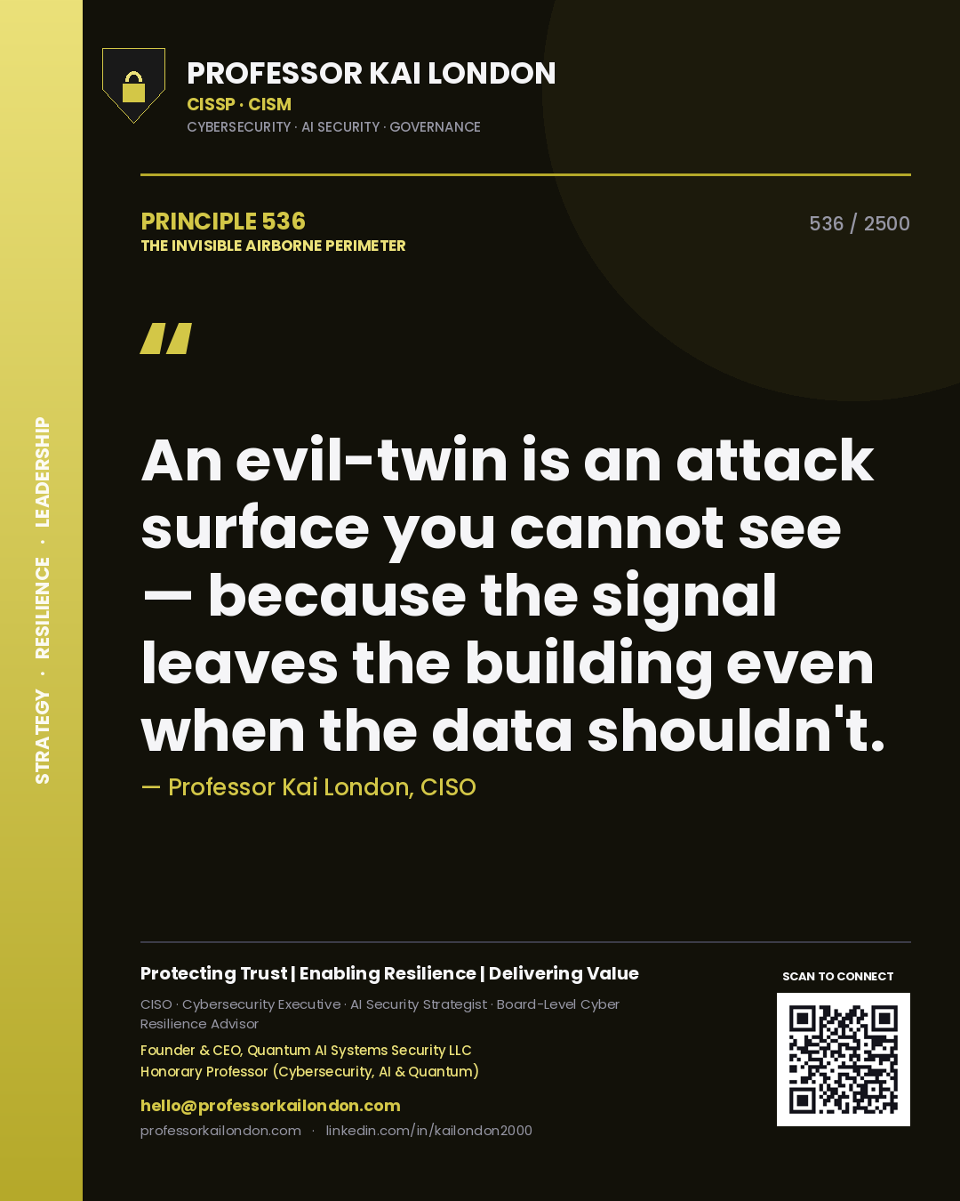 Quote card by Professor Kai London reading 'An evil-twin is an attack surface you cannot see — because the signal leaves the building even when the data shouldn't.'. From the book The Invisible Airborne Perimeter.