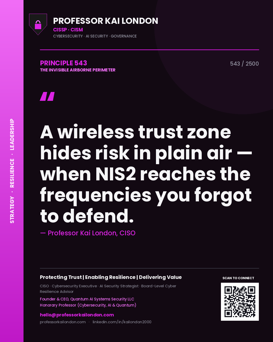 Quote card by Professor Kai London reading 'A wireless trust zone hides risk in plain air — when NIS2 reaches the frequencies you forgot to defend.'. From the book The Invisible Airborne Perimeter.