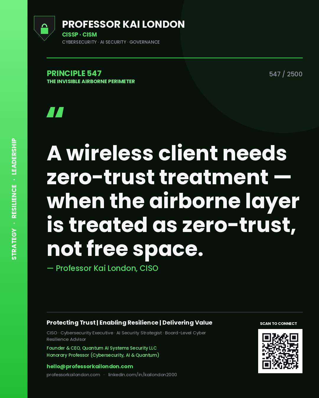 Quote card by Professor Kai London reading 'A wireless client needs zero-trust treatment — when the airborne layer is treated as zero-trust, not free space.'. From the book The Invisible Airborne Perimeter.