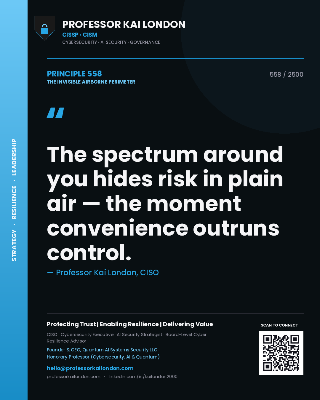Quote card by Professor Kai London reading 'The spectrum around you hides risk in plain air — the moment convenience outruns control.'. From the book The Invisible Airborne Perimeter.