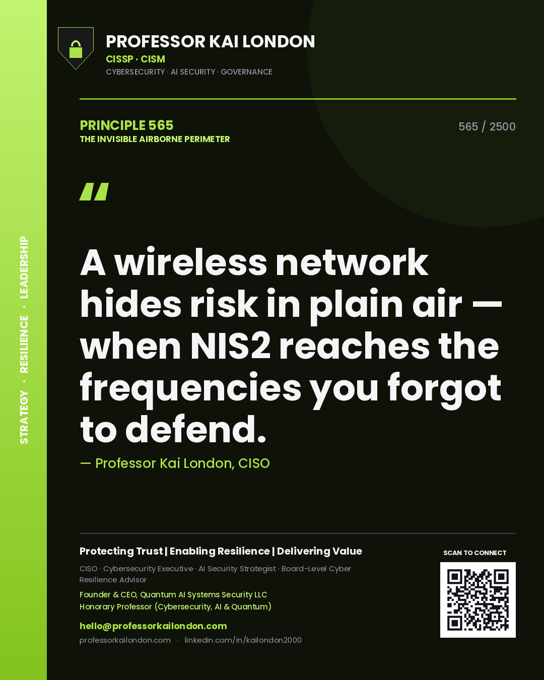 Quote card by Professor Kai London reading 'A wireless network hides risk in plain air — when NIS2 reaches the frequencies you forgot to defend.'. From the book The Invisible Airborne Perimeter.