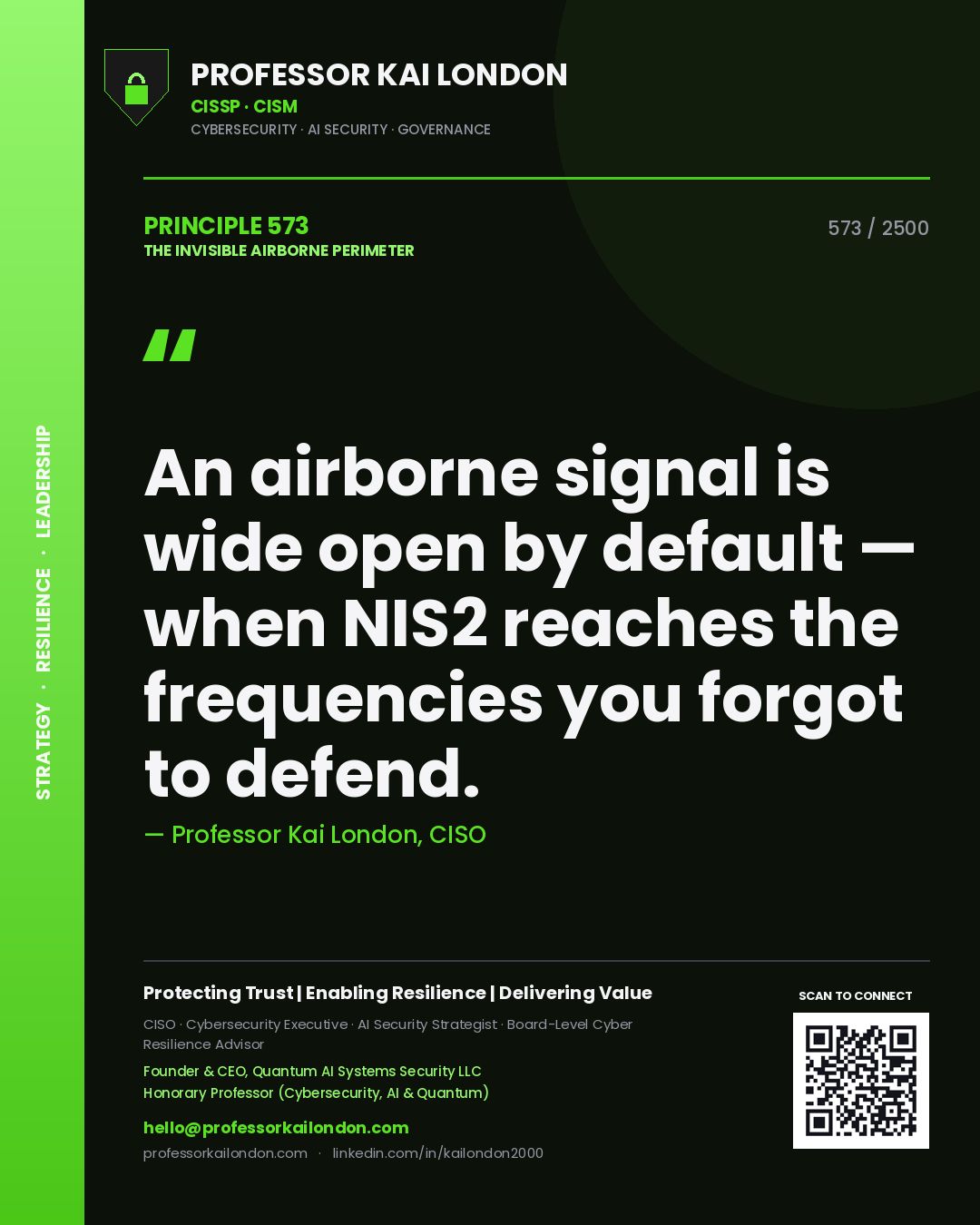 Professor Kai London principle 573: An airborne signal is wide open by default — when NIS2 reaches the frequencies you forgot to defend.