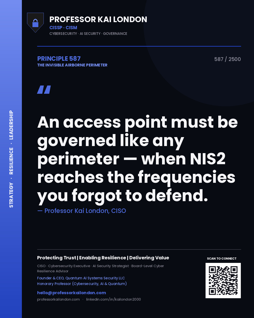 Quote card by Professor Kai London reading 'An access point must be governed like any perimeter — when NIS2 reaches the frequencies you forgot to defend.'. From the book The Invisible Airborne Perimeter.