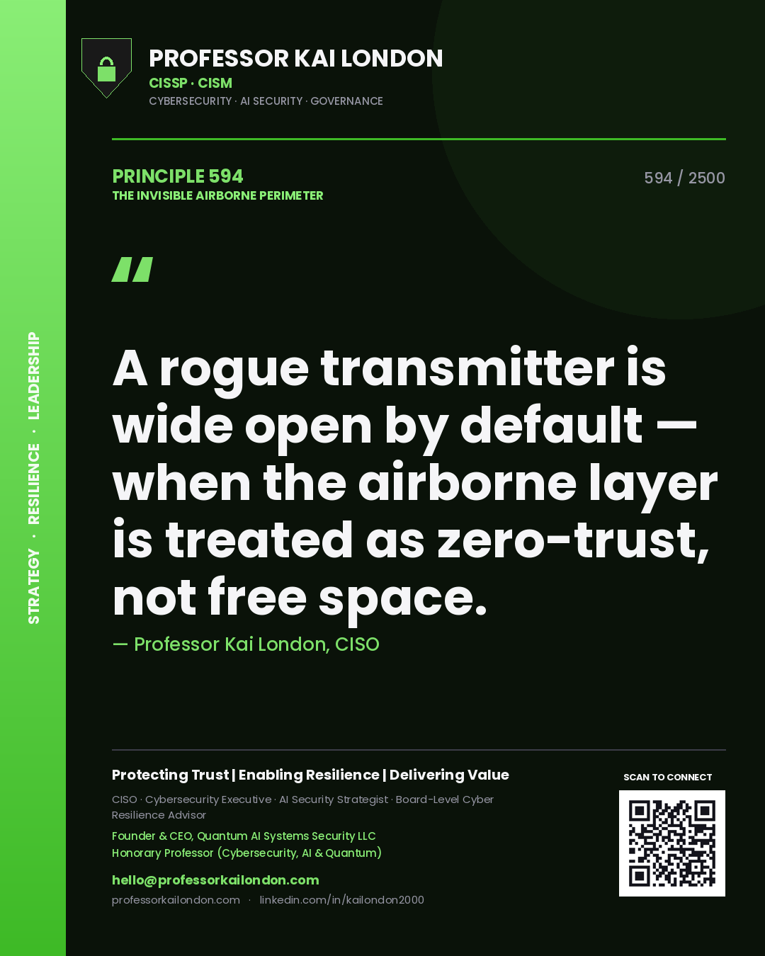 Professor Kai London principle 594: A rogue transmitter is wide open by default — when the airborne layer is treated as zero-trust, not free space.