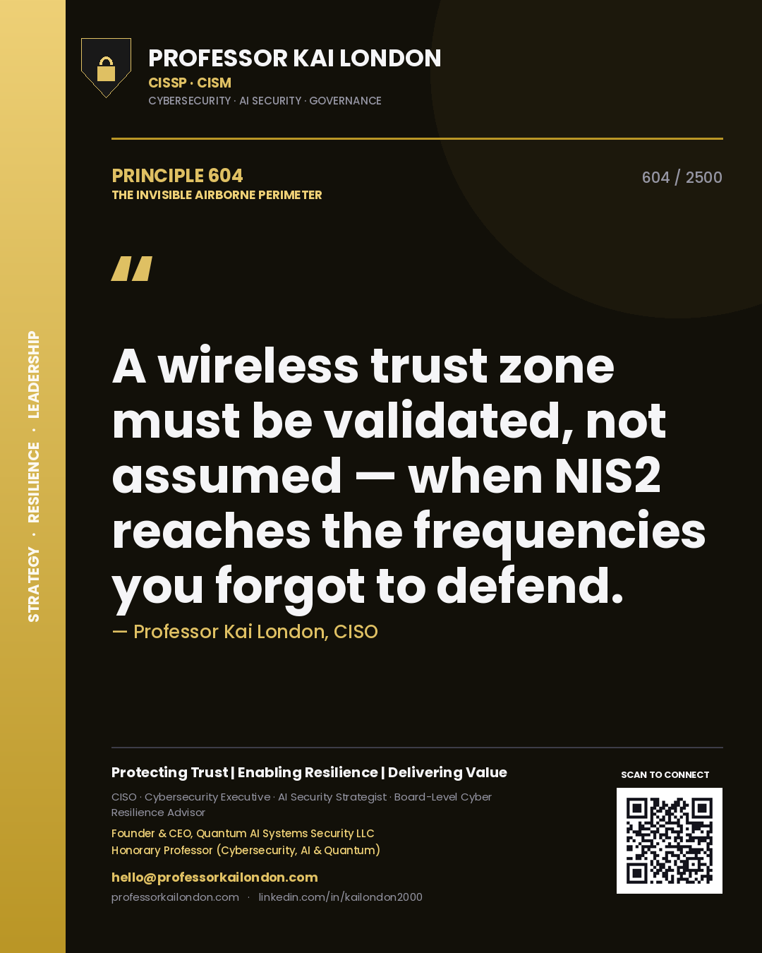 Quote card by Professor Kai London reading 'A wireless trust zone must be validated, not assumed — when NIS2 reaches the frequencies you forgot to defend.'. From the book The Invisible Airborne Perimeter.
