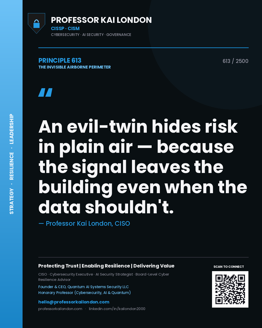 Professor Kai London principle 613: An evil-twin hides risk in plain air — because the signal leaves the building even when the data shouldn't.