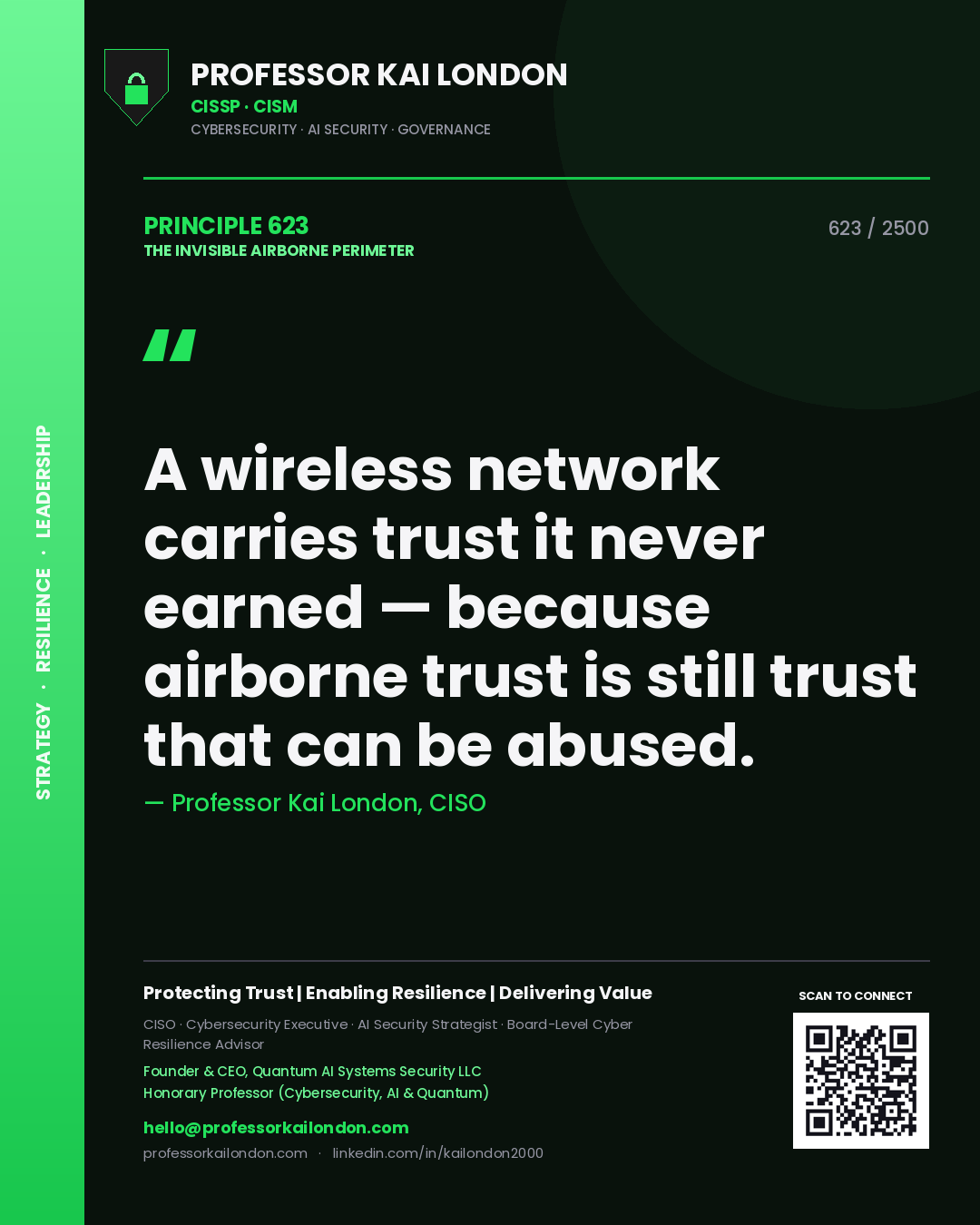 Professor Kai London principle 623: A wireless network carries trust it never earned — because airborne trust is still trust that can be abused.