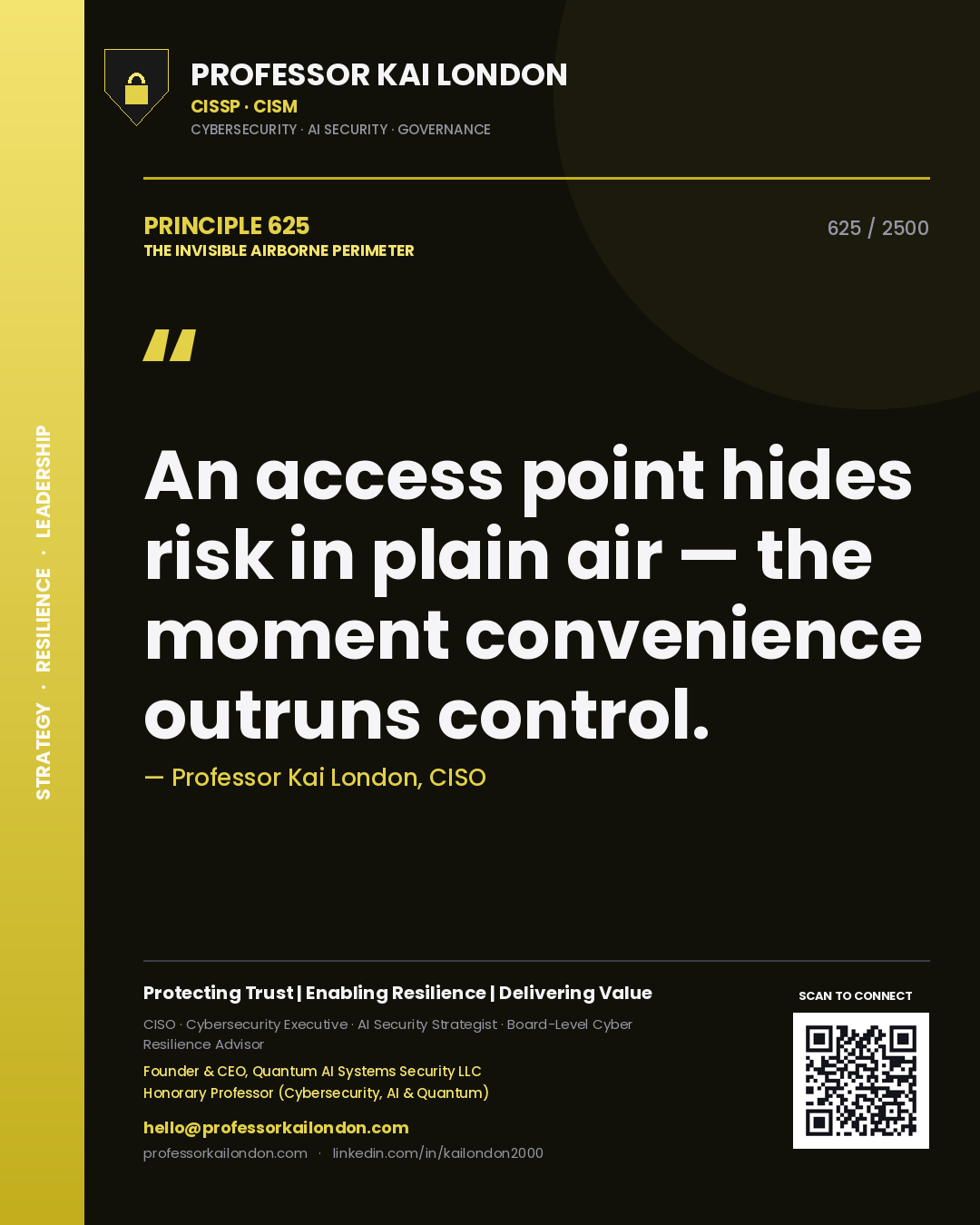 Quote card by Professor Kai London reading 'An access point hides risk in plain air — the moment convenience outruns control.'. From the book The Invisible Airborne Perimeter.