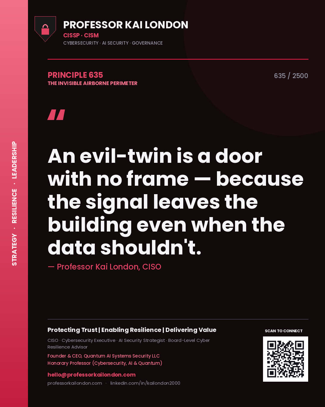 Professor Kai London principle 635: An evil-twin is a door with no frame — because the signal leaves the building even when the data shouldn't.