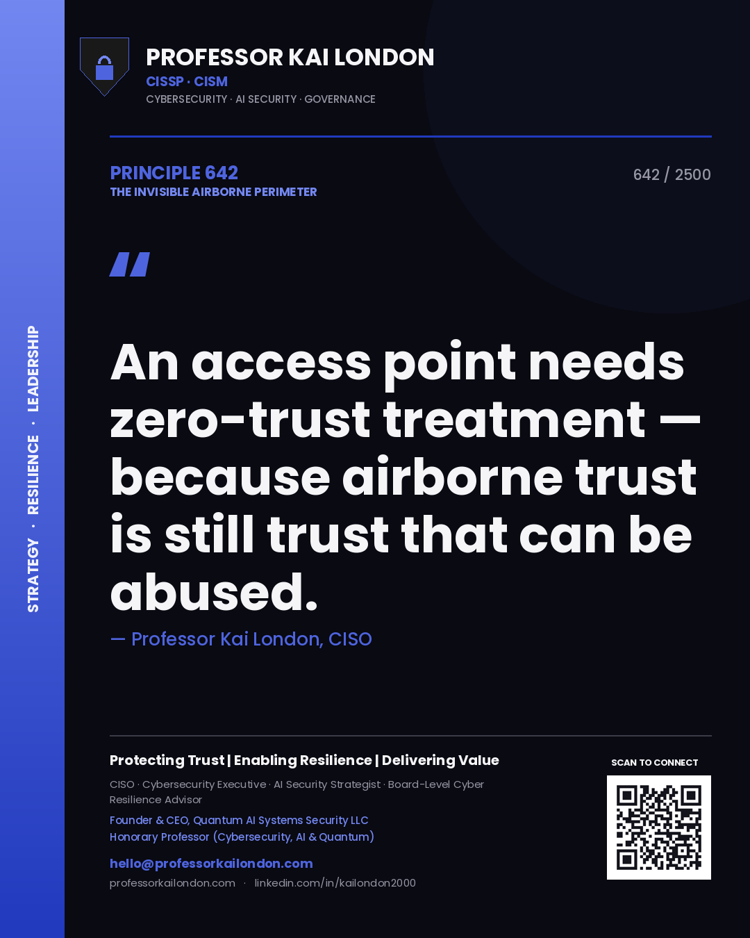 Quote card by Professor Kai London reading 'An access point needs zero-trust treatment — because airborne trust is still trust that can be abused.'. From the book The Invisible Airborne Perimeter.