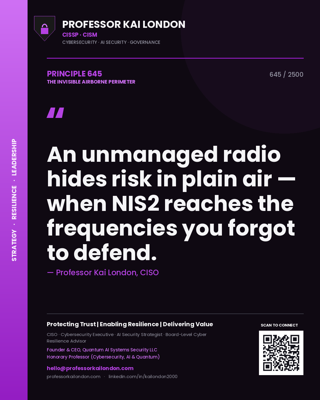 Quote card by Professor Kai London reading 'An unmanaged radio hides risk in plain air — when NIS2 reaches the frequencies you forgot to defend.'. From the book The Invisible Airborne Perimeter.