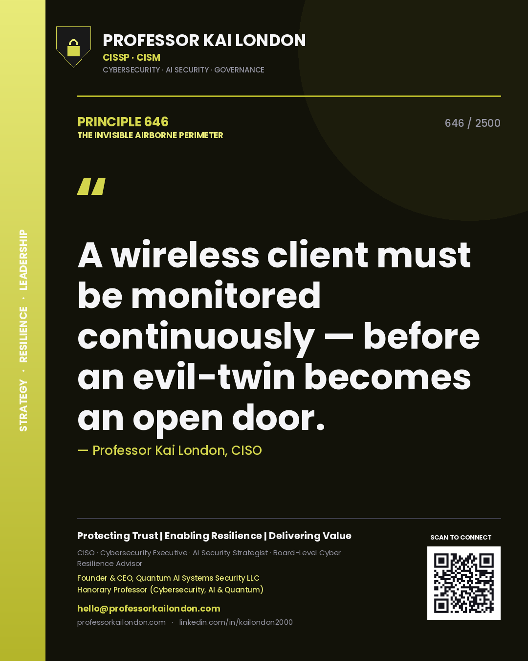 Professor Kai London principle 646: A wireless client must be monitored continuously — before an evil-twin becomes an open door.