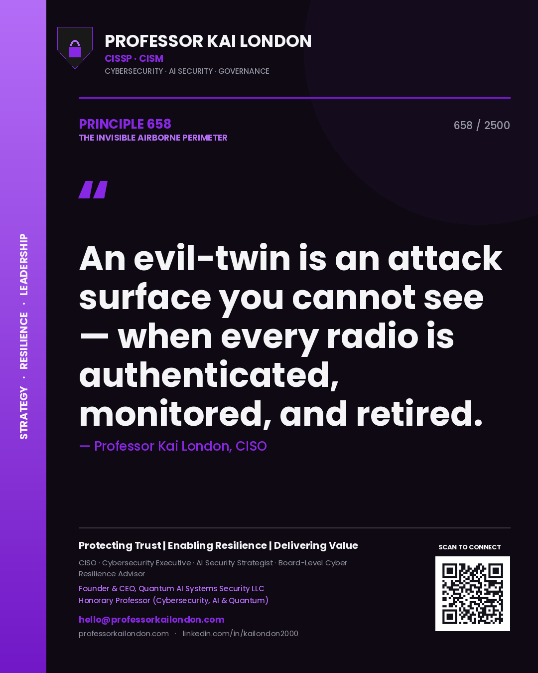 Professor Kai London principle 658: An evil-twin is an attack surface you cannot see — when every radio is authenticated, monitored, and retired.