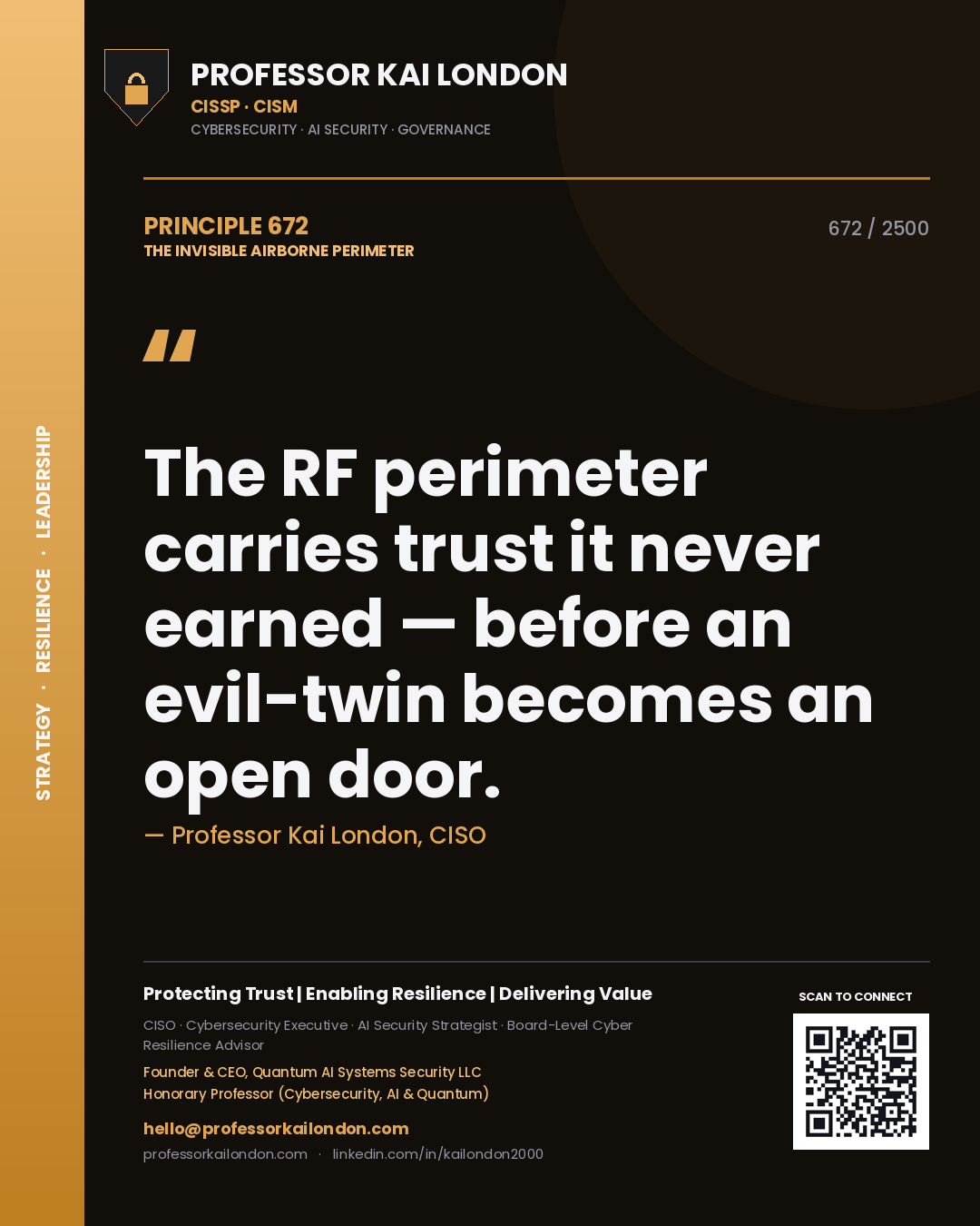 Professor Kai London principle 672: The RF perimeter carries trust it never earned — before an evil-twin becomes an open door.