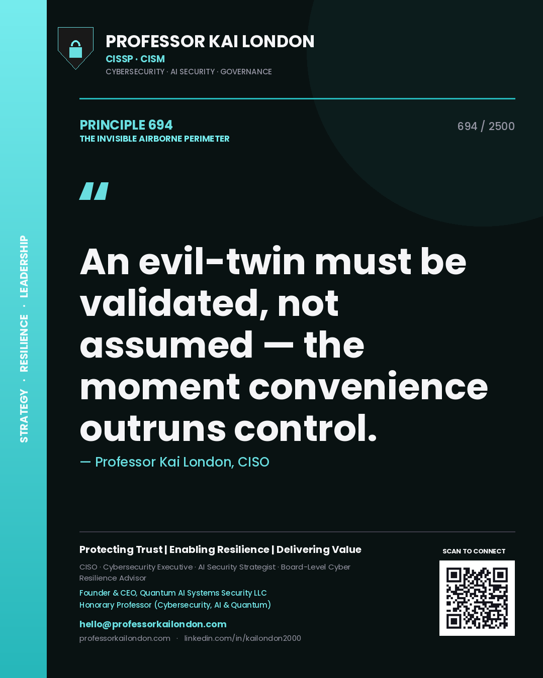 Quote card by Professor Kai London reading 'An evil-twin must be validated, not assumed — the moment convenience outruns control.'. From the book The Invisible Airborne Perimeter.
