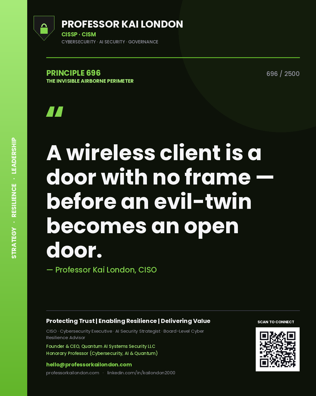 Professor Kai London principle 696: A wireless client is a door with no frame — before an evil-twin becomes an open door.
