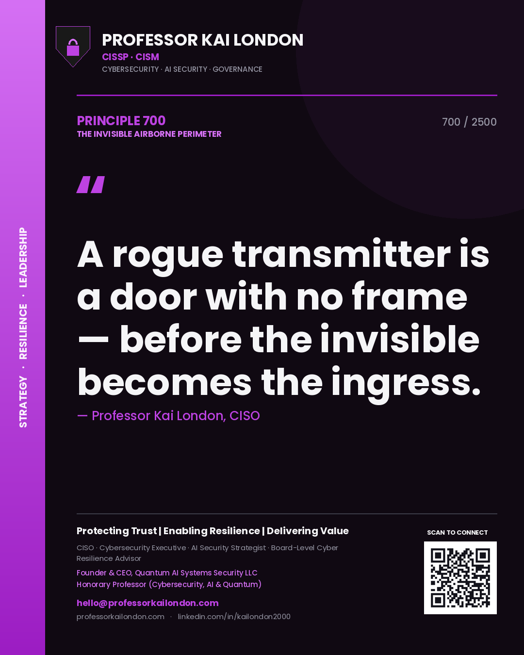 Quote card by Professor Kai London reading 'A rogue transmitter is a door with no frame — before the invisible becomes the ingress.'. From the book The Invisible Airborne Perimeter.
