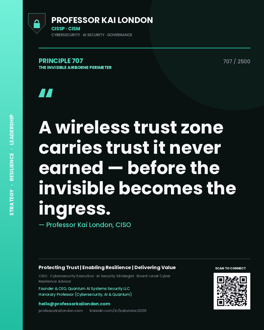 Quote card by Professor Kai London reading 'A wireless trust zone carries trust it never earned — before the invisible becomes the ingress.'. From the book The Invisible Airborne Perimeter.