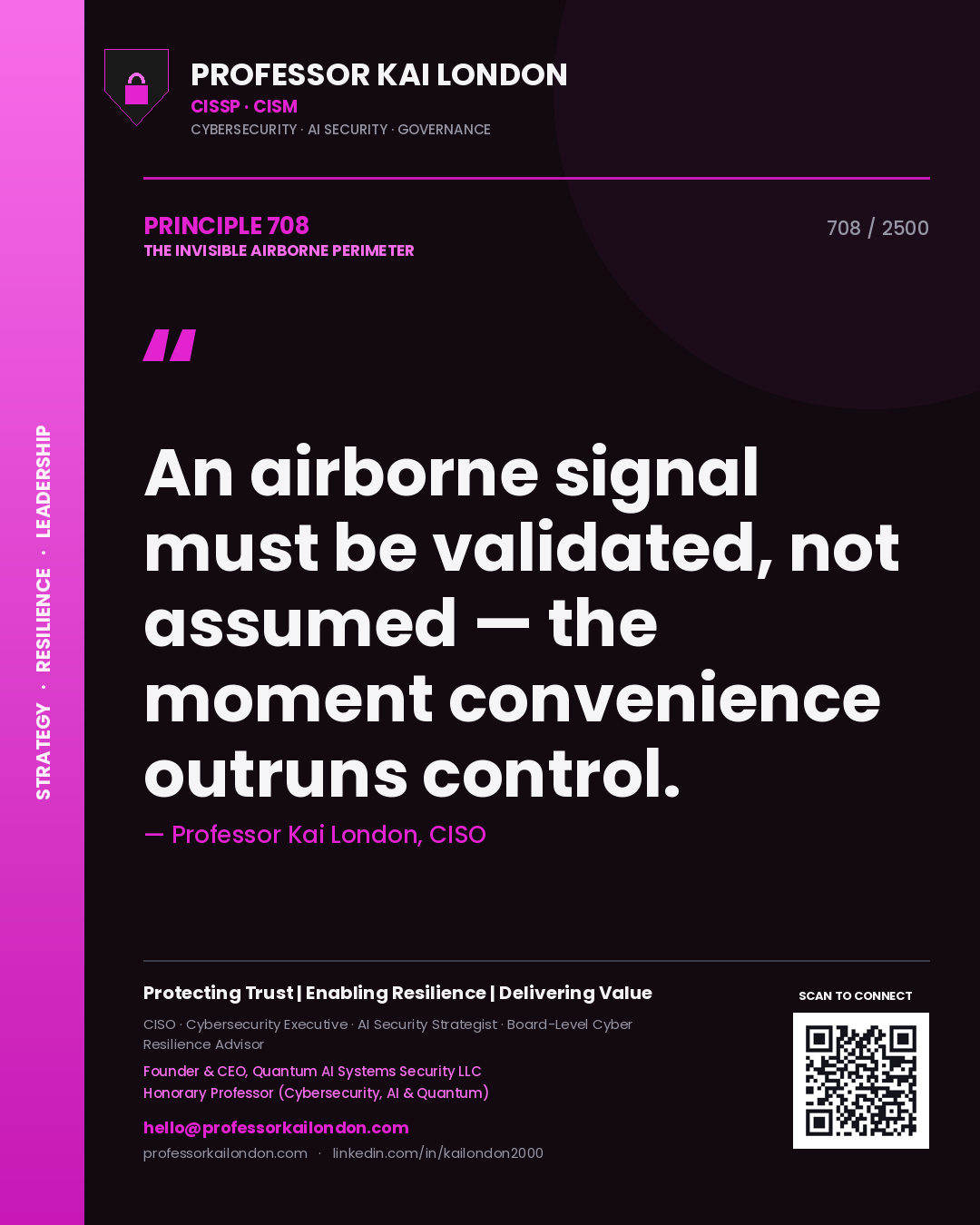 Professor Kai London principle 708: An airborne signal must be validated, not assumed — the moment convenience outruns control.