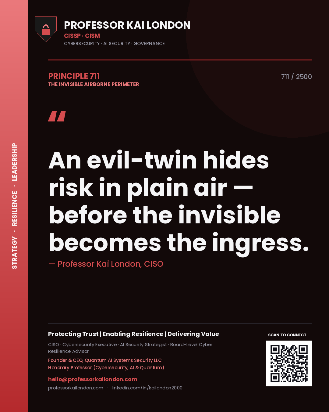 Quote card by Professor Kai London reading 'An evil-twin hides risk in plain air — before the invisible becomes the ingress.'. From the book The Invisible Airborne Perimeter.