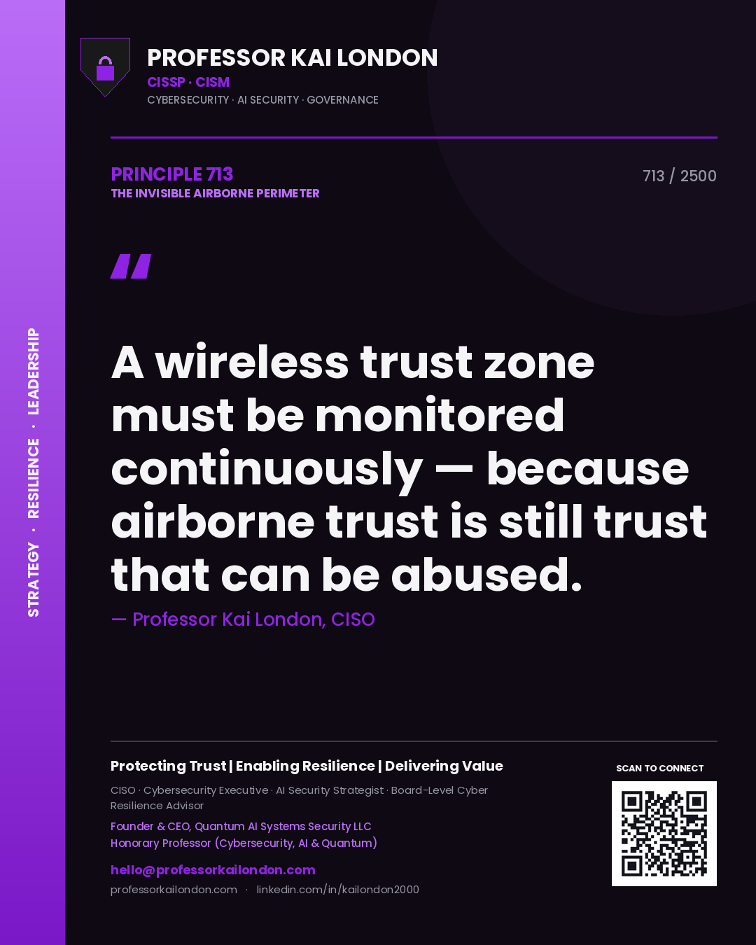 Professor Kai London principle 713: A wireless trust zone must be monitored continuously — because airborne trust is still trust that can be abused.