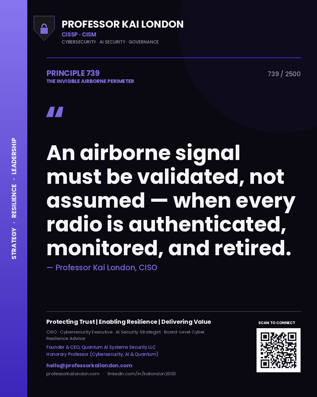 Quote card by Professor Kai London reading 'An airborne signal must be validated, not assumed — when every radio is authenticated, monitored, and retired.'. From the book The Invisible Airborne Perimeter.
