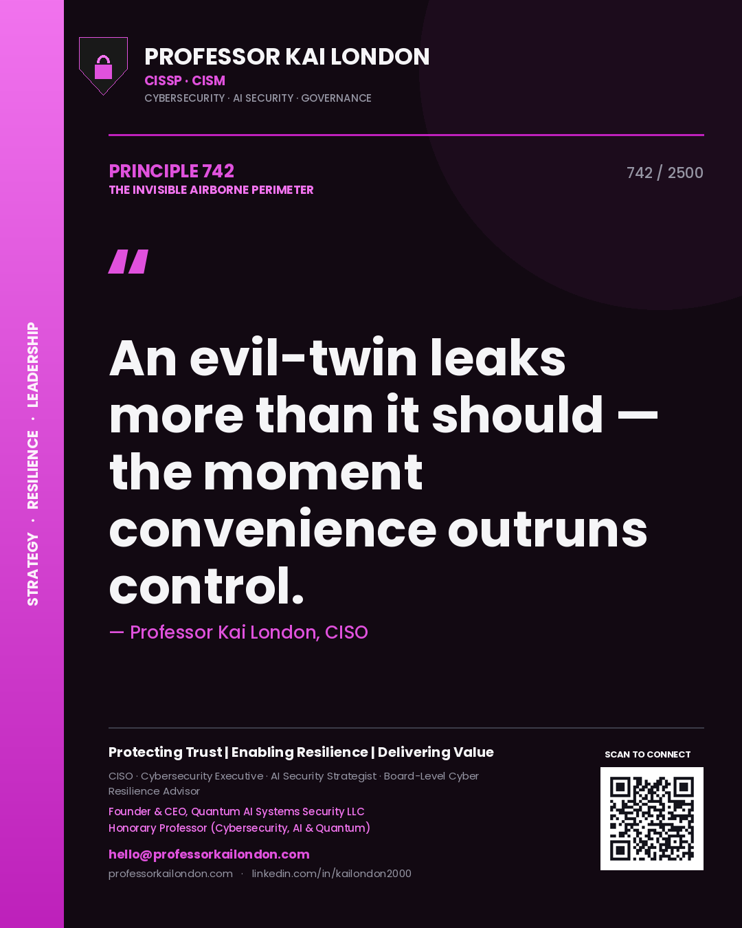 Quote card by Professor Kai London reading 'An evil-twin leaks more than it should — the moment convenience outruns control.'. From the book The Invisible Airborne Perimeter.