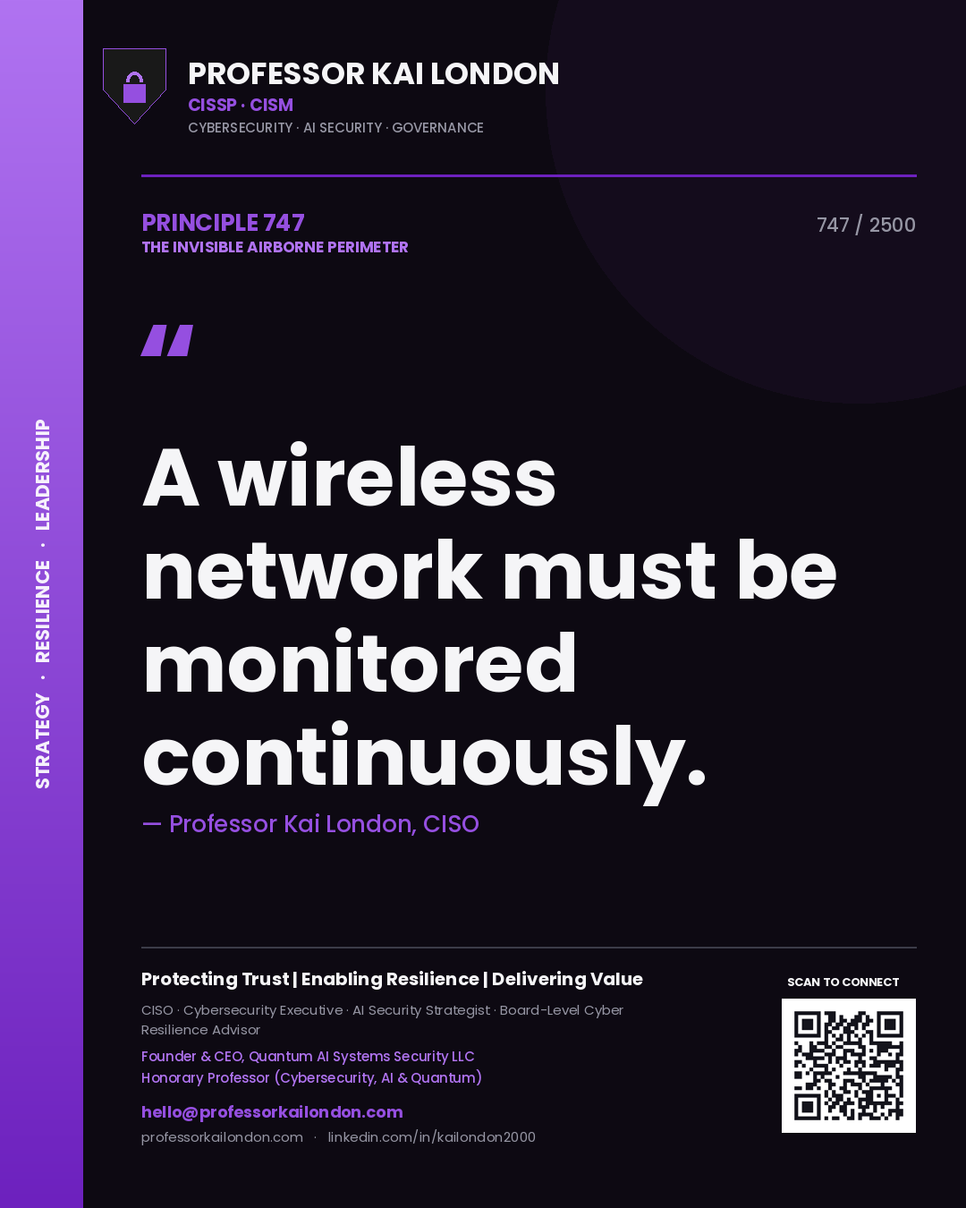 Quote card by Professor Kai London reading 'A wireless network must be monitored continuously.'. From the book The Invisible Airborne Perimeter.