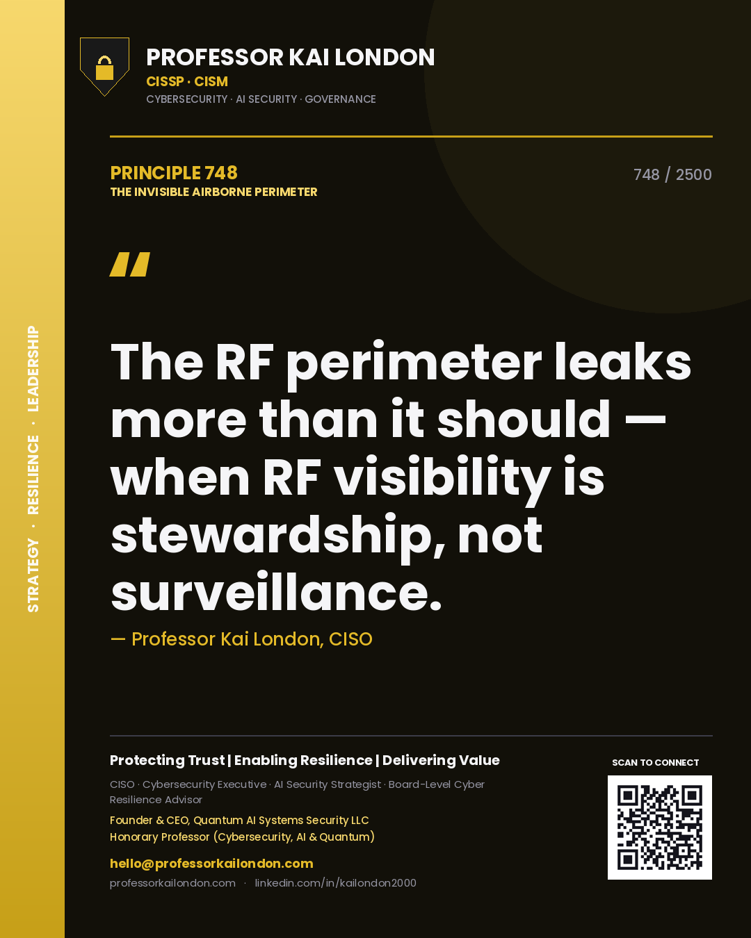 Quote card by Professor Kai London reading 'The RF perimeter leaks more than it should — when RF visibility is stewardship, not surveillance.'. From the book The Invisible Airborne Perimeter.